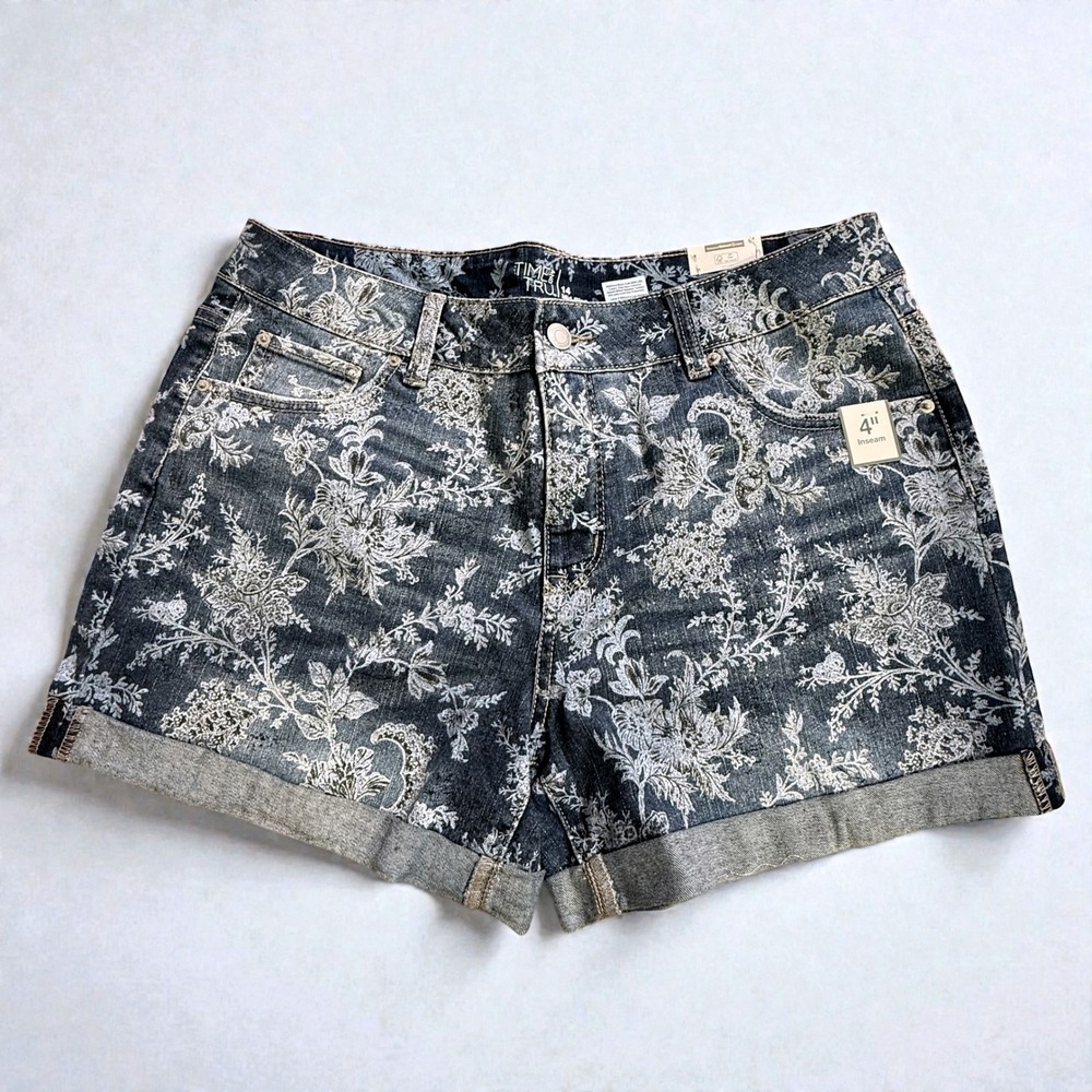 Time and Tru Womens Floral Paisley Denim Shorts Blue Mid Rise Relaxed Fit 14 NEW